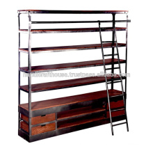 Industrial Wood Metal Wide Shelf and Drawers with ladder Library Bookcase